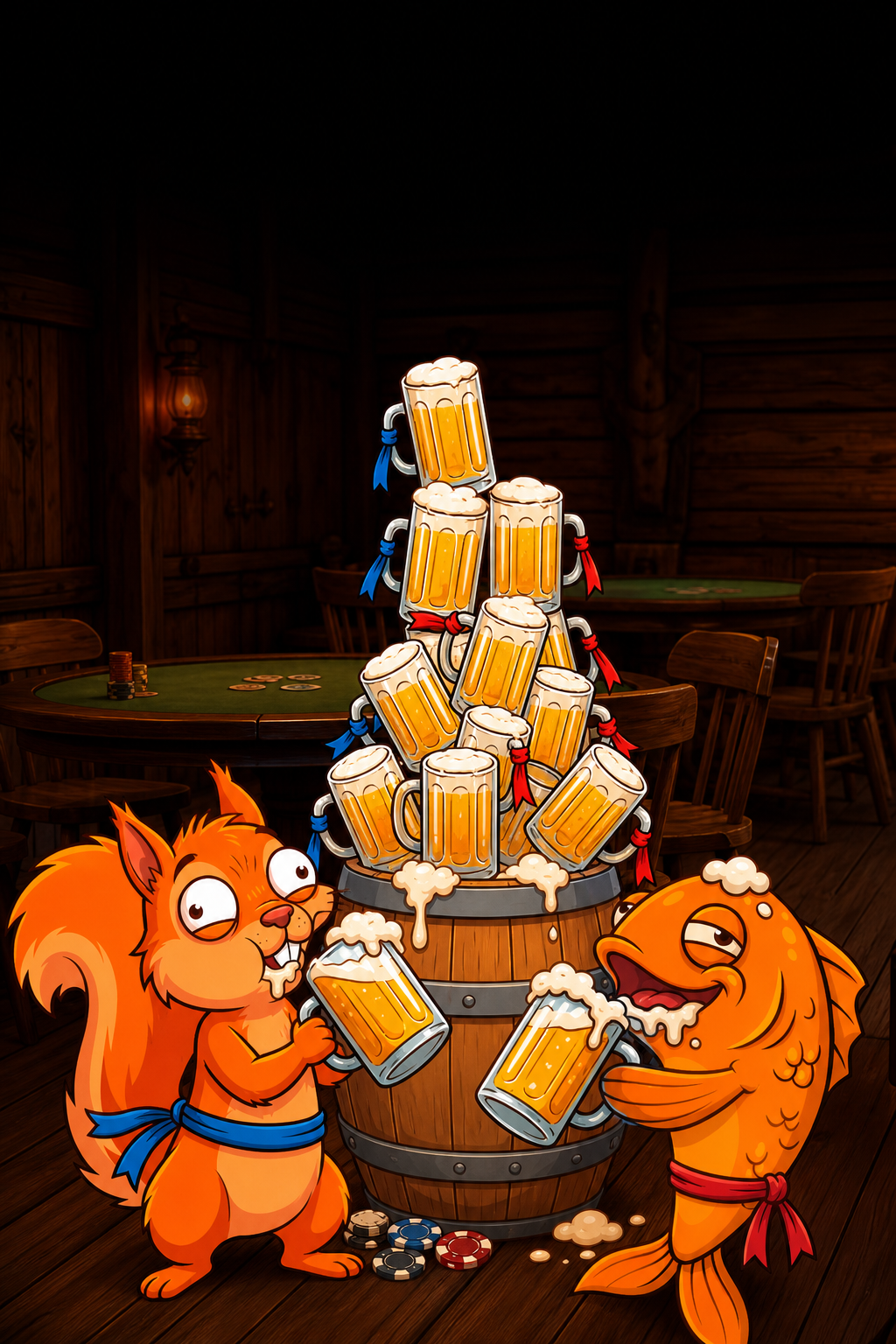 Пивной турнир Pivo Casino с рыбкой и белкой у башни кружек